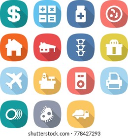 flat vector icon set - dollar vector, calculator, pills bottle, microbe, home, house with garage, traffic light, hi quality package, airplane, reception, speaker, printer, plates, microb