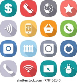 flat vector icon set - dollar vector, phone, circle diagram, star, wireless, remove from basket, ring button, radiator, on off, browser window, apron