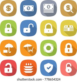 flat vector icon set - dollar vector, money, arrow, lock, unlock, insurance, lounger, lifebuoy, locked, unlocked, plate washing, shield