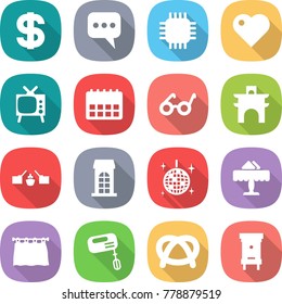 flat vector icon set - dollar vector, message, chip, heart, tv, calendar, pacemaker, arch, drawbridge, building, disco ball, restaurant, curtain, mixer, pretzel, hive