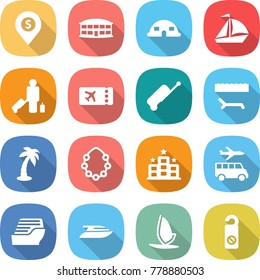 flat vector icon set - dollar pin vector, airport building, dome house, sail boat, passenger, ticket, suitcase, lounger, palm, hawaiian wreath, hotel, transfer, cruise ship, yacht, windsurfing