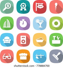 flat vector icon set - dollar magnifier vector, medal, shop signboard, sperm, skyscraper, stopwatch, cocktail, lifebuoy, armchair, speaker, washing, repair tools, 3d glasses, chief hat, plow