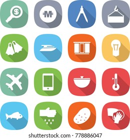 flat vector icon set - dollar magnifier vector, crypto currency, drawing compasses, loading crane, flippers, yacht, wardrobe, bulb, plane, phone, cauldron, thermometer, fish, sow, potato, wiping