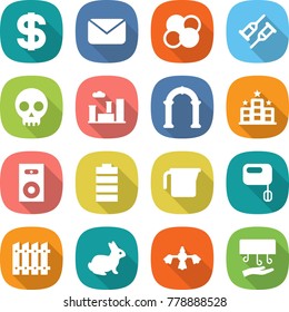 flat vector icon set - dollar vector, mail, atom core, crutch, skull, city, arch, hotel, speaker, battery, measuring cup, mixer, fence, rabbit, hard reach place cleaning, hand dryer