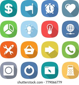 flat vector icon set - dollar vector, flag, alarm clock, heart, diagram, bulb, globe connect, pencil wrench, remove from basket, right arrow, phone, ring button, on off, browser window, grater