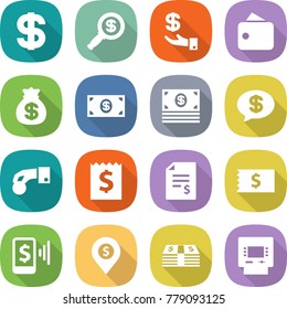 flat vector icon set - dollar vector, magnifier, investment, wallet, money bag, message, hand coin, receipt, account balance, mobile pay, pin, atm