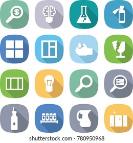 flat vector icon set - dollar magnifier vector, bulb brain, flask, potion bottle, window, acid, broken, data search, vegetable oil, spices, jug, clean