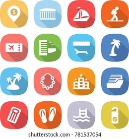 flat vector icon set - dollar pin vector, airport building, sail boat, tourist, ticket, hotel, lounger, palm, island, hawaiian wreath, cruise ship, inflatable mattress, flip flops, pool