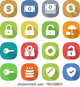 flat vector icon set - dollar vector, money, arrow, lock, unlock, insurance, key, life vest, lifebuoy, unlocked, plate washing, shield