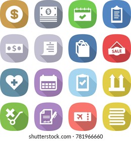 flat vector icon set - dollar vector, money, calendar, clipboard, shopping list, bag, sale, heart cross, check, cargo top sign, do not trolley, inventory, ticket, towels