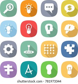 flat vector icon set - dollar magnifier vector, bulb, message, money, head, brain, gear, target, chip, puzzle, singlepost, draw compass