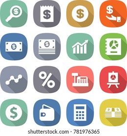 flat vector icon set - dollar magnifier vector, receipt, investment, money, diagram, annual report, graph, percent, cashbox, presentation, coin, wallet, calculator