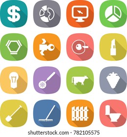 flat vector icon set - dollar vector, circle diagram, monitor arrow, hex molecule, satellite, cell corection, lipstick, bulb, skimmer, cow, berry, shovel, rake, fence, toilet