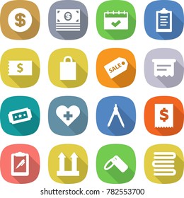flat vector icon set - dollar vector, money, calendar, clipboard, receipt, shopping bag, sale label, atm, ticket, heart cross, drawing compasses, tax, pen, cargo top sign, towels