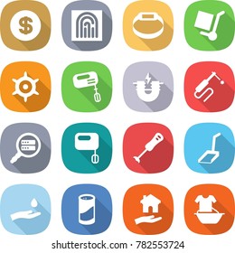 flat vector icon set - dollar vector, fingerprint, smart bracelet, cargo stoller, handwheel, mixer, electric magnet, welding, data search, blender, scoop, hand and drop, cleanser powder, housing