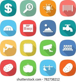 flat vector icon set - dollar vector, magnifier, chip, bar code, hangare, invoice, landscape, water tap, surveillance camera, cpu, spices, potato, tomato, plow