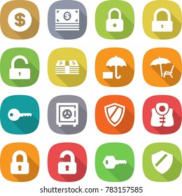 flat vector icon set - dollar vector, money, lock, unlock, insurance, lounger, key, safe, shield, life vest, locked, unlocked