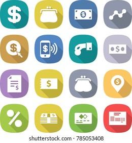 flat vector icon set - dollar vector, purse, money, graph, arrow, phone pay, hand coin, account balance, receipt, pin, percent, credit card, invoice