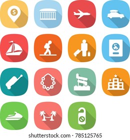 flat vector icon set - dollar pin vector, airport building, plane, car baggage, sail boat, tourist, passenger, passport, suitcase, hawaiian wreath, aquapark, hotel, jet ski, palm hammock