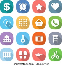 flat vector icon set - dollar vector, alarm clock, star, heart, lightning, chip, remove from basket, phone, cottage, thermometer, wardrobe, chair, radiator, slippers, pan, scissors