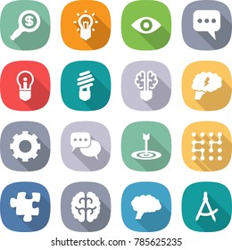 flat vector icon set - dollar magnifier vector, bulb, eye, message, brain, gear, discussion, target, chip, puzzle, draw compass
