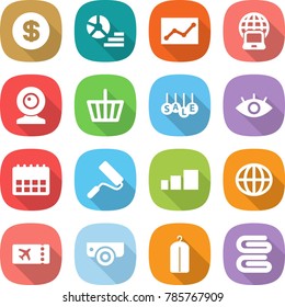 flat vector icon set - dollar vector, diagram, statistics, notebook globe, web cam, basket, sale, eye, calendar, repair, sorting, ticket, surveillance camera, dry wash, towel