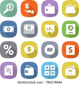 flat vector icon set - dollar magnifier vector, investment, wallet, purse, money, presentation, annual report, percent, message, crypto currency, receipt, account balance, calculator, credit card