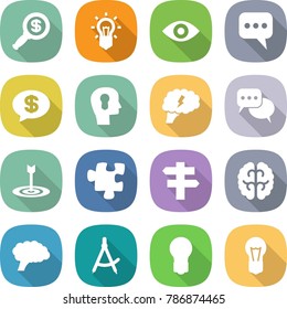 flat vector icon set - dollar magnifier vector, bulb, eye, message, money, head, brain, discussion, target, puzzle, singlepost, draw compass