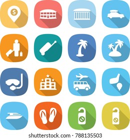 flat vector icon set - dollar pin vector, airport building, car baggage, passenger, suitcase, palm, island, diving mask, hotel, transfer, golf, yacht, flip flops, do not distrub