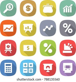 flat vector icon set - dollar magnifier vector, purse, diagram, statistics, presentation, graph, percent, receipt, cashbox, calculator, atm