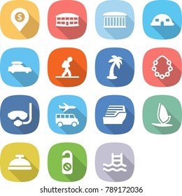flat vector icon set - dollar pin vector, airport building, dome house, car baggage, tourist, palm, hawaiian wreath, diving mask, transfer, cruise ship, windsurfing, service bell, do not distrub