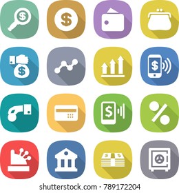 flat vector icon set - dollar magnifier vector, wallet, purse, money gift, graph, up, phone pay, hand coin, credit card, mobile, percent, cashbox, library, safe