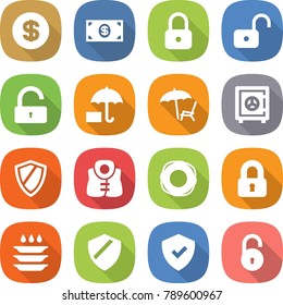flat vector icon set - dollar vector, money, lock, unlock, insurance, lounger, safe, shield, life vest, lifebuoy, locked, plate washing
