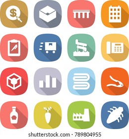 flat vector icon set - dollar arrow vector, box, bridge, building, clipboard pen, fast deliver, aquapark, office phone, 3d, chart, towel, walnut crack, ketchup, carrot, factory, bug