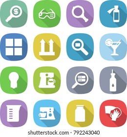 flat vector icon set - dollar magnifier vector, smart glasses, potion bottle, window, cargo top sign, search, cocktail, bulb, coffee maker, data, vegetable oil, measuring cup, bank, wiping