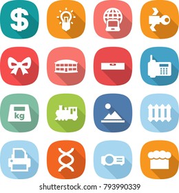 flat vector icon set - dollar vector, bulb, notebook globe, satellite, bow, airport building, level, phone, heavy, train, landscape, radiator, printer, dna, projector, chief hat