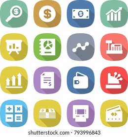 flat vector icon set - dollar magnifier vector, money, diagram, presentation, annual report, graph, cashbox, up, account balance, wallet, calculator, atm, credit card