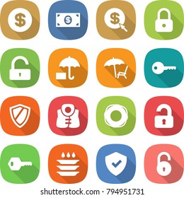 flat vector icon set - dollar vector, money, arrow, lock, unlock, insurance, lounger, key, shield, life vest, lifebuoy, unlocked, plate washing