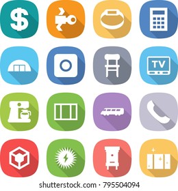 flat vector icon set - dollar vector, satellite, smart bracelet, calculator, hangare, ring button, chair, tv, coffee maker, window, speed train, phone, 3d, solar power, hive, clean