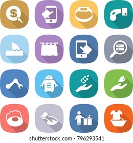 flat vector icon set - dollar arrow vector, touch, smart bracelet, hand coin, shark flipper, curtain, touchscreen, data search, robot, harvest, leaf, soap, wiping, kitchen cleaning, handle washing