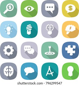 flat vector icon set - dollar magnifier vector, eye, message, money, bulb, brain, gear, discussion, target, puzzle, draw compass