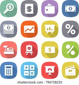 flat vector icon set - dollar magnifier vector, receipt, wallet, money, statistics, presentation, percent, cashbox, calculator, credit card