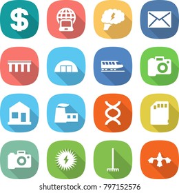 flat vector icon set - dollar vector, notebook globe, brain, mail, bridge, hangare, train, camera, home, factory, dna, sd card, solar power, rake, hard reach place cleaning