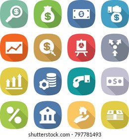 flat vector icon set - dollar magnifier vector, money bag, gift, statistics, arrow, presentation, core splitting, graph up, virtual mining, hand coin, percent, library, real estate