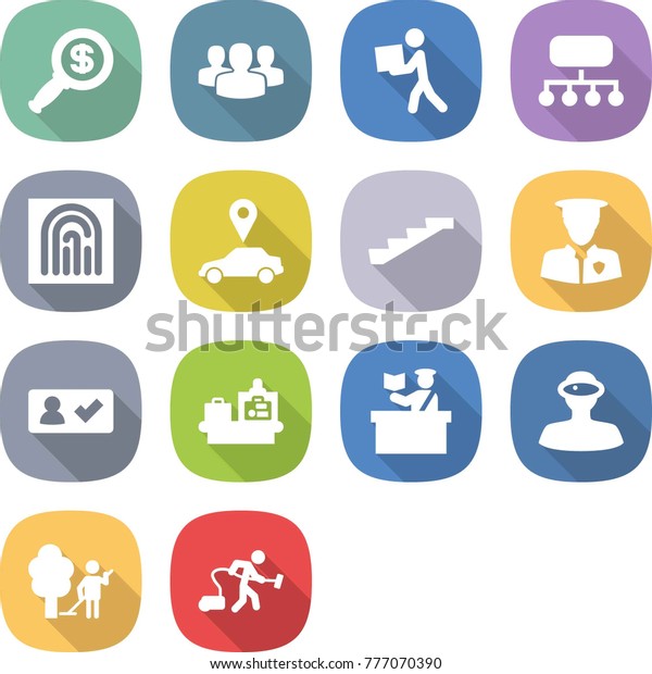 flat vector icon set - dollar magnifier vector,\
group, courier, structure, fingerprint, car pointer, stairs,\
security man, check in, baggage checking, inspector, vr helmet,\
garden cleaning