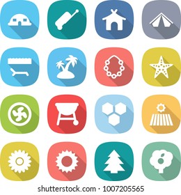 flat vector icon set - dome house vector, suitcase, bungalow, tent, lounger, island, hawaiian wreath, starfish, cooler fan, bbq, honeycombs, field, flower, sun, spruce, garden