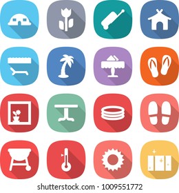 flat vector icon set - dome house vector, perishable, suitcase, bungalow, lounger, palm, restaurant, flip flops, flower in window, table, inflatable pool, slippers, bbq, thermometer, sun, clean