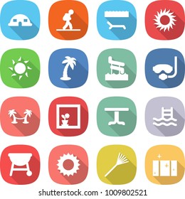 flat vector icon set - dome house vector, tourist, lounger, sun, palm, aquapark, diving mask, hammock, flower in window, table, pool, bbq, rake, clean