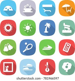 flat vector icon set - dome house vector, flower bed, lounger, sun, palm, aquapark, flippers, tennis, jet ski, inflatable mattress, in window, slippers, thermometer, garden