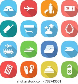 flat vector icon set - dome house vector, plane, passenger, ticket, suitcase, lounger, island, hawaiian wreath, transfer, jet ski, cruise ship, yacht, inflatable mattress, flip flops, service bell